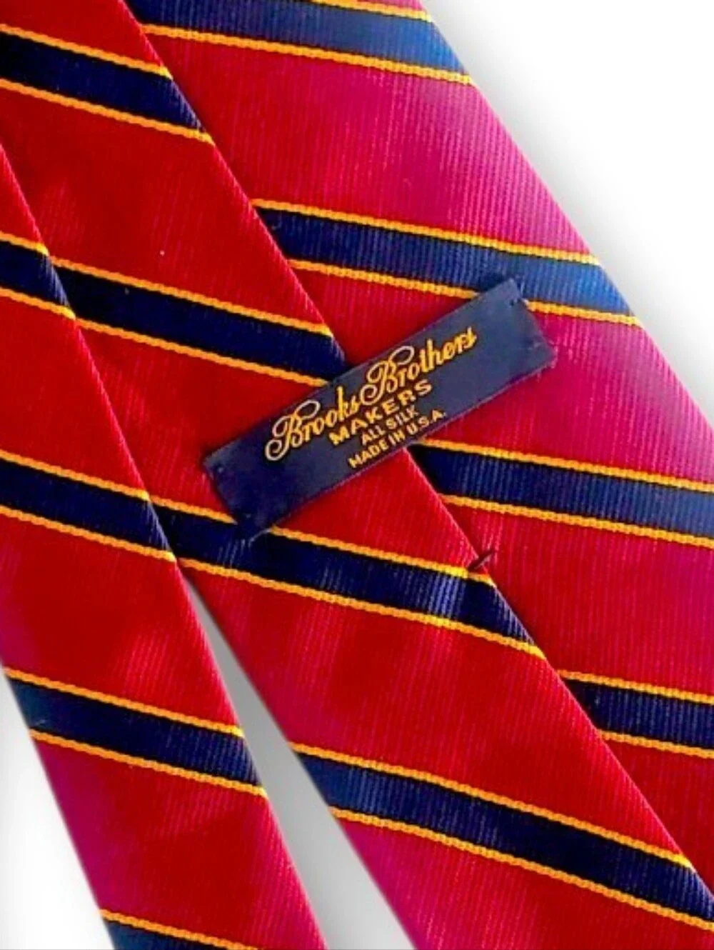 Brooks Brothers Deep Red Navy Blue Gold Bias Stripes Silk Necktie NYC USA